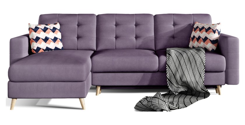Canapé d’angle convertible HASGARD 3 places violet 248x162 cm – coffre et pieds bois