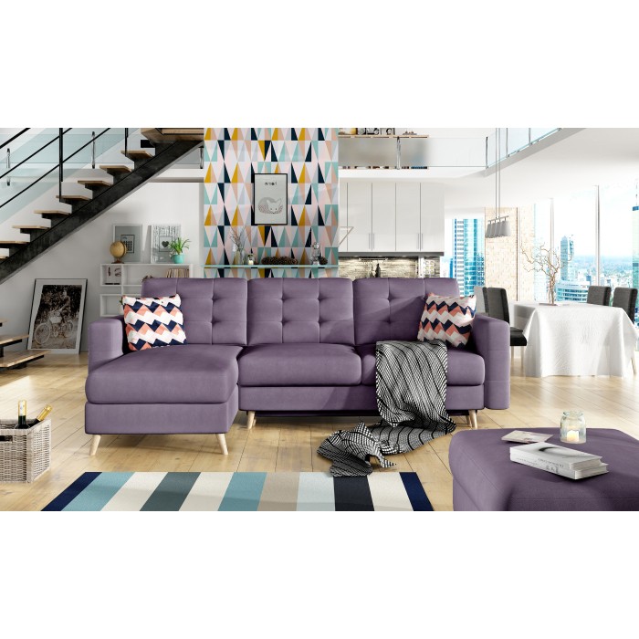 Canapé d’angle convertible HASGARD 3 places violet 248x162 cm – coffre et pieds bois