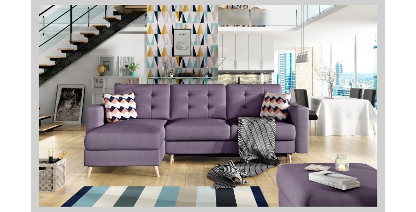 Canapé d’angle convertible HASGARD 3 places violet 248x162 cm – coffre et pieds bois