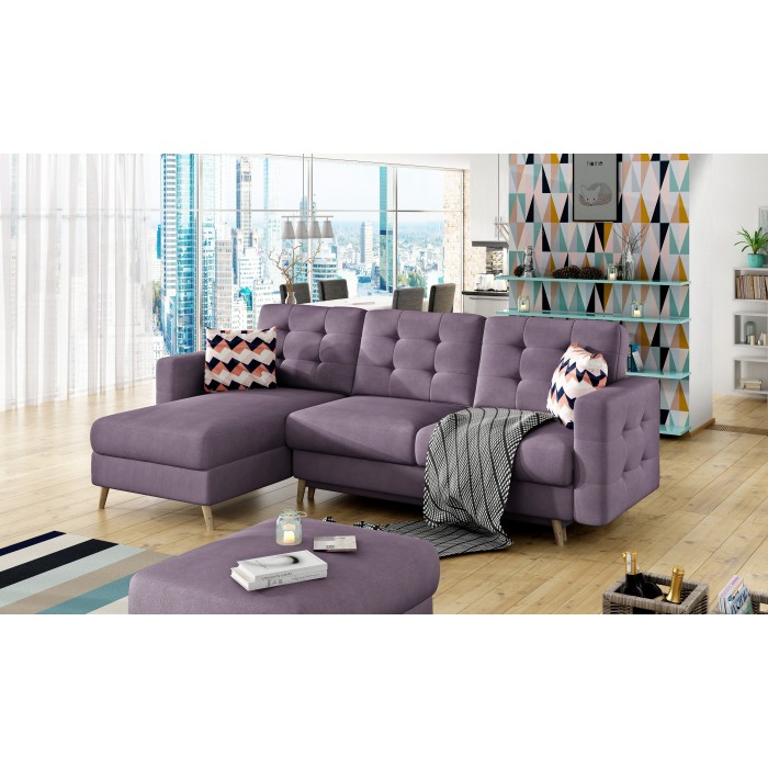 Canapé d’angle convertible HASGARD 3 places violet 248x162 cm – coffre et pieds bois