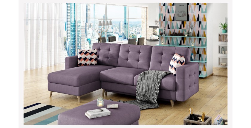 Canapé d’angle convertible HASGARD 3 places violet 248x162 cm – coffre et pieds bois