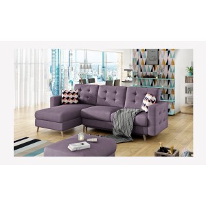 Canapé d’angle convertible HASGARD 3 places violet 248x162 cm – coffre et pieds bois