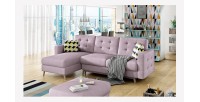 Canapé d’angle convertible HASGARD 3 places rose 248x162 cm – coffre et pieds bois