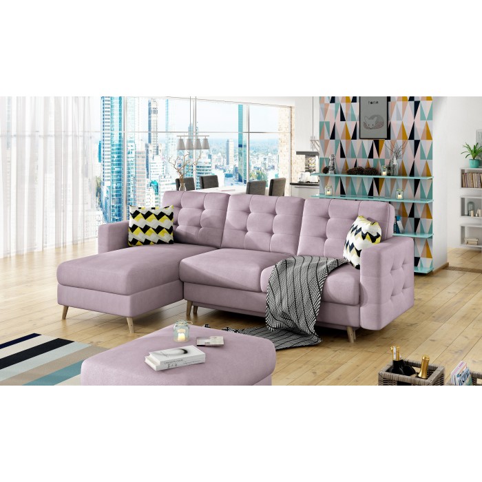 Ecksofa mit Schlaffunktion HASGARD 3-Sitzer rosa 248x162 cm – mit Stauraum und Holzfüßen