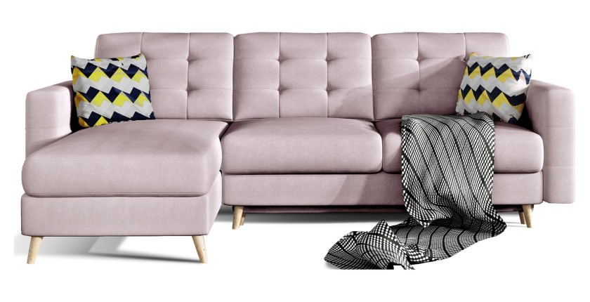 Canapé d’angle convertible HASGARD 3 places rose 248x162 cm – coffre et pieds bois