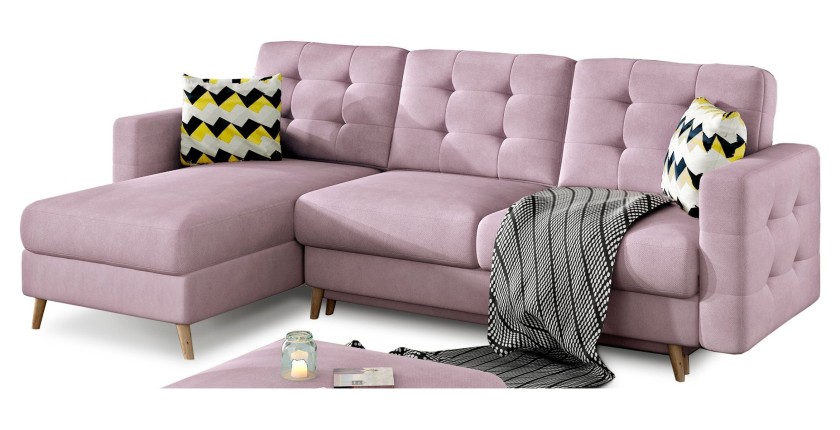Canapé d’angle convertible HASGARD 3 places rose 248x162 cm – coffre et pieds bois