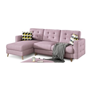 Canapé d’angle convertible HASGARD 3 places rose 248x162 cm – coffre et pieds bois