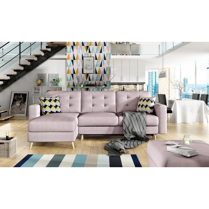 Ecksofa mit Schlaffunktion HASGARD 3-Sitzer rosa 248x162 cm – mit Stauraum und Holzfüßen