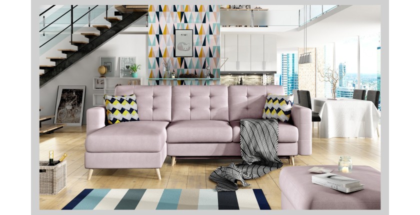 Canapé d’angle convertible HASGARD 3 places rose 248x162 cm – coffre et pieds bois