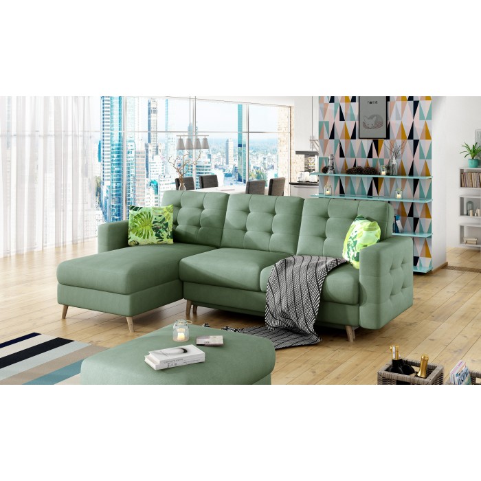 Canapé d’angle convertible HASGARD 3 places vert 248x162 cm – coffre et pieds bois