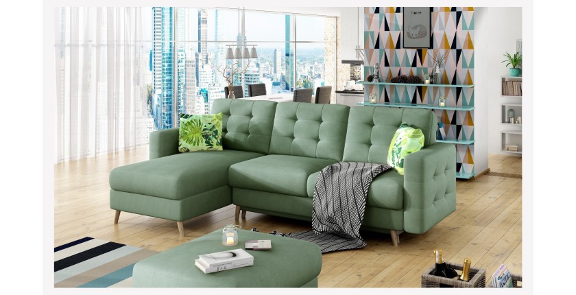 Canapé d’angle convertible HASGARD 3 places vert 248x162 cm – coffre et pieds bois