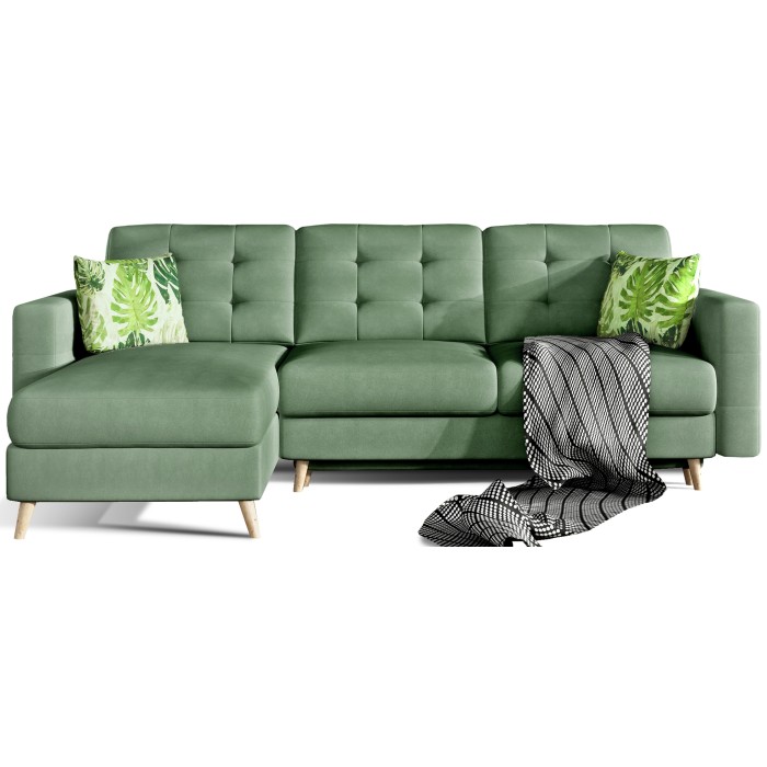 Canapé d’angle convertible HASGARD 3 places vert 248x162 cm – coffre et pieds bois