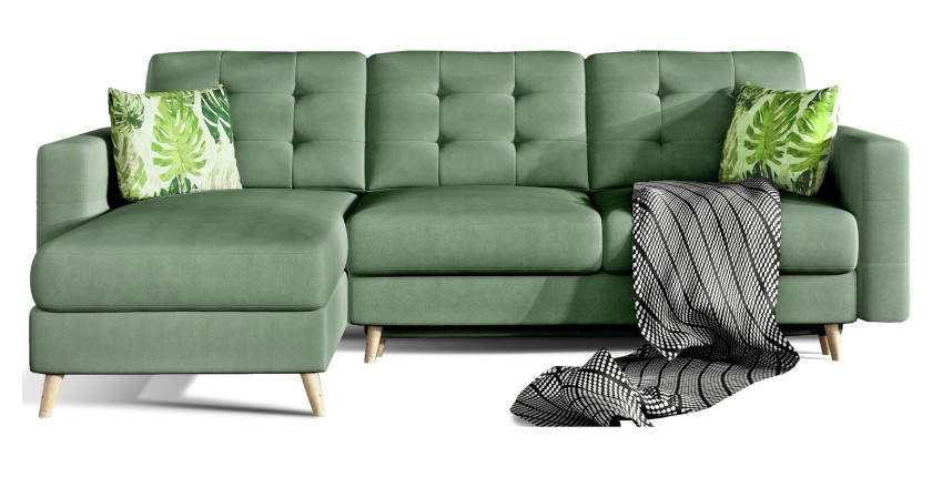 Canapé d’angle convertible HASGARD 3 places vert 248x162 cm – coffre et pieds bois