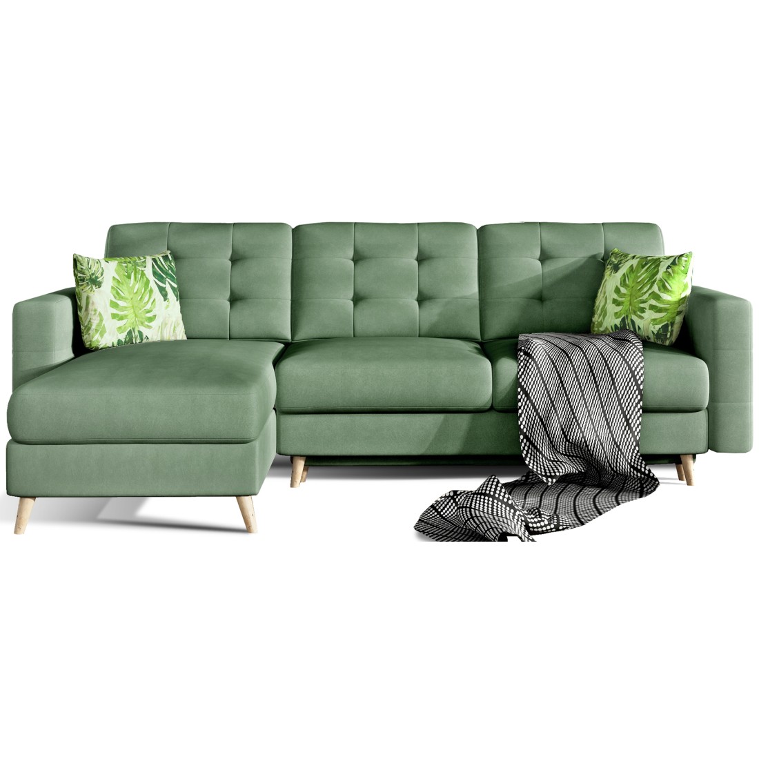 Canapé d’angle convertible HASGARD 3 places vert 248x162 cm – coffre et pieds bois