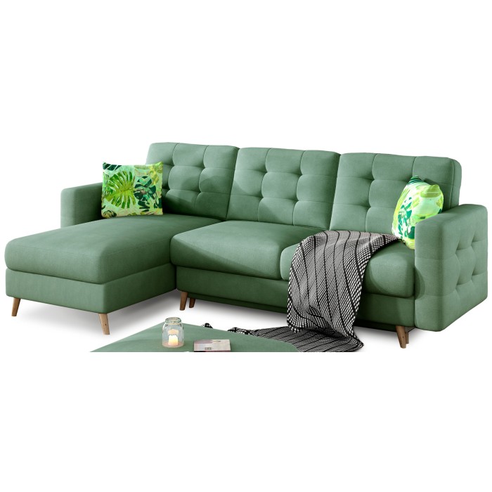 Canapé d’angle convertible HASGARD 3 places vert 248x162 cm – coffre et pieds bois