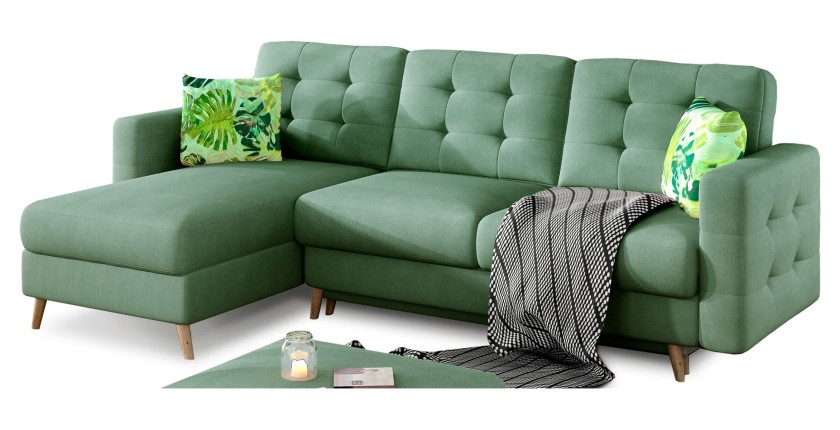 Canapé d’angle convertible HASGARD 3 places vert 248x162 cm – coffre et pieds bois