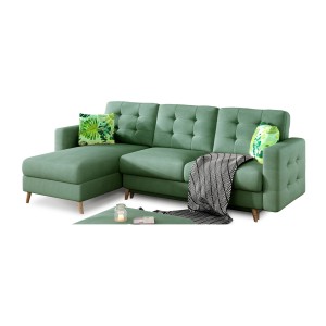 Canapé d’angle convertible HASGARD 3 places vert 248x162 cm – coffre et pieds bois