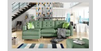 Canapé d’angle convertible HASGARD 3 places vert 248x162 cm – coffre et pieds bois