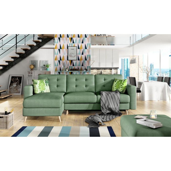 Canapé d’angle convertible HASGARD 3 places vert 248x162 cm – coffre et pieds bois