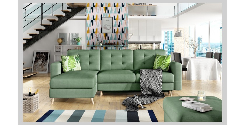 Canapé d’angle convertible HASGARD 3 places vert 248x162 cm – coffre et pieds bois