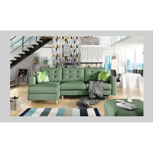 Canapé d’angle convertible HASGARD 3 places vert 248x162 cm – coffre et pieds bois