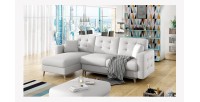 Canapé d’angle convertible HASGARD 3 places blanc 248x162 cm – coffre et pieds bois