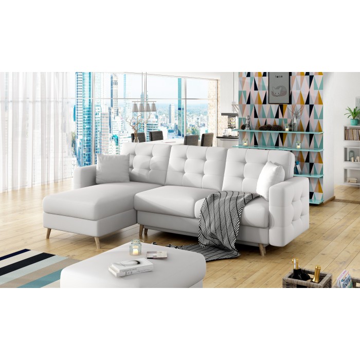 Canapé d’angle convertible HASGARD 3 places blanc 248x162 cm – coffre et pieds bois