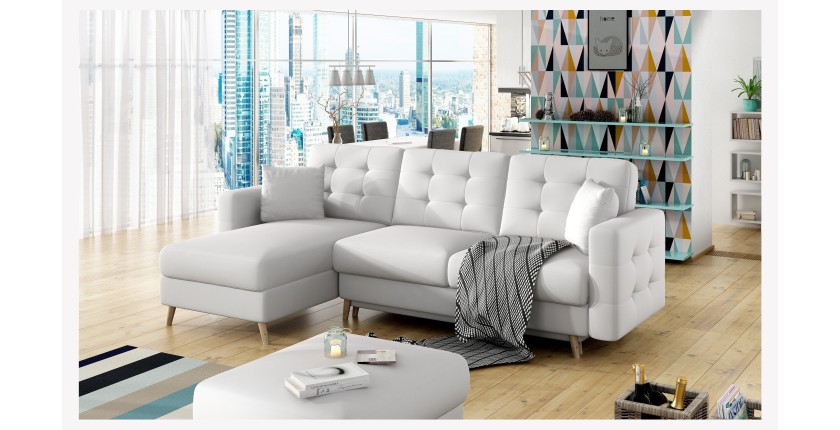Canapé d’angle convertible HASGARD 3 places blanc 248x162 cm – coffre et pieds bois