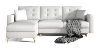 Canapé d’angle convertible HASGARD 3 places blanc 248x162 cm – coffre et pieds bois