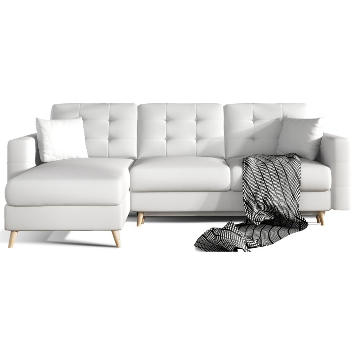 Canapé d’angle convertible HASGARD 3 places blanc 248x162 cm – coffre et pieds bois
