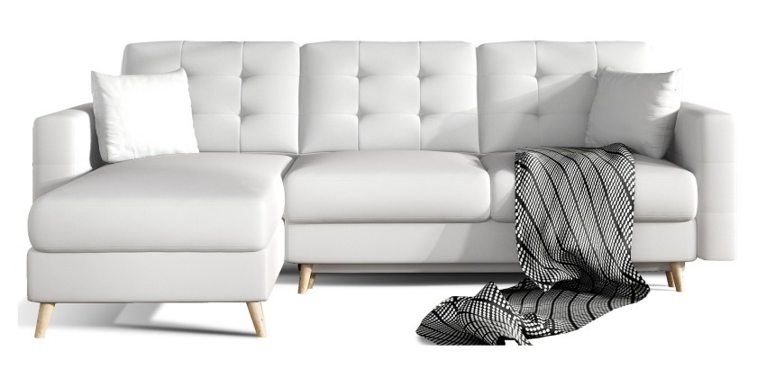 Canapé d’angle convertible HASGARD 3 places blanc 248x162 cm – coffre et pieds bois