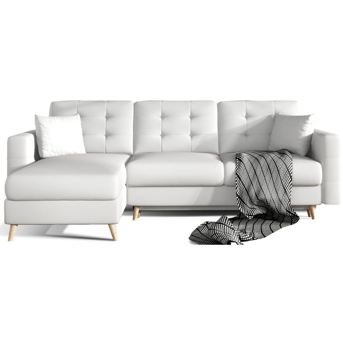 Canapé d’angle convertible HASGARD 3 places blanc 248x162 cm – coffre et pieds bois