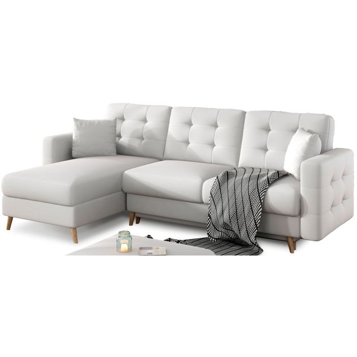 Canapé d’angle convertible HASGARD 3 places blanc 248x162 cm – coffre et pieds bois