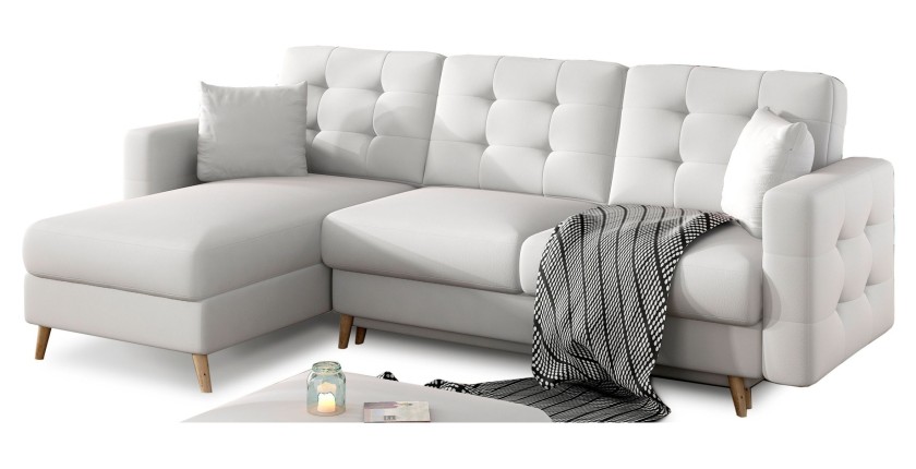 Canapé d’angle convertible HASGARD 3 places blanc 248x162 cm – coffre et pieds bois