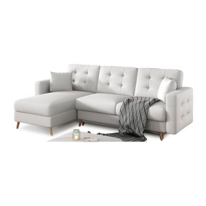 Canapé d’angle convertible HASGARD 3 places blanc 248x162 cm – coffre et pieds bois