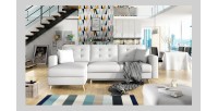 Canapé d’angle convertible HASGARD 3 places blanc 248x162 cm – coffre et pieds bois
