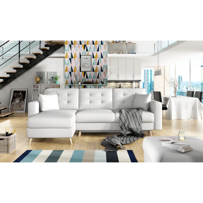 Canapé d’angle convertible HASGARD 3 places blanc 248x162 cm – coffre et pieds bois