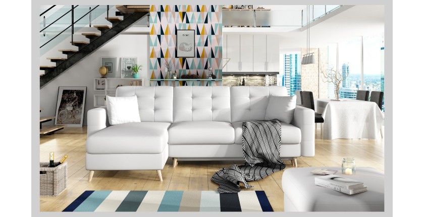 Canapé d’angle convertible HASGARD 3 places blanc 248x162 cm – coffre et pieds bois