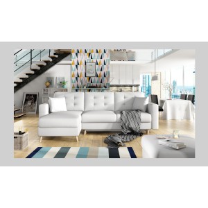 Canapé d’angle convertible HASGARD 3 places blanc 248x162 cm – coffre et pieds bois