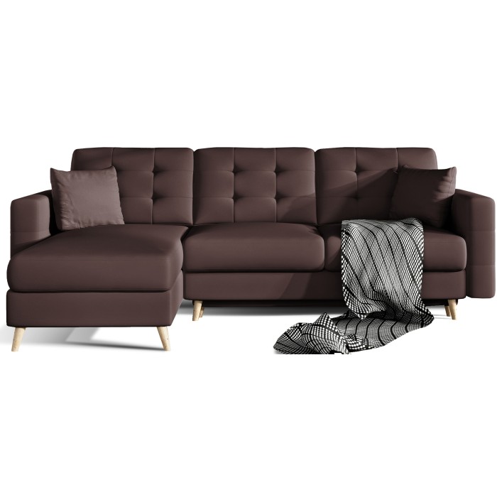 Canapé d’angle convertible HASGARD 3 places marron 248x162 cm – coffre et pieds bois