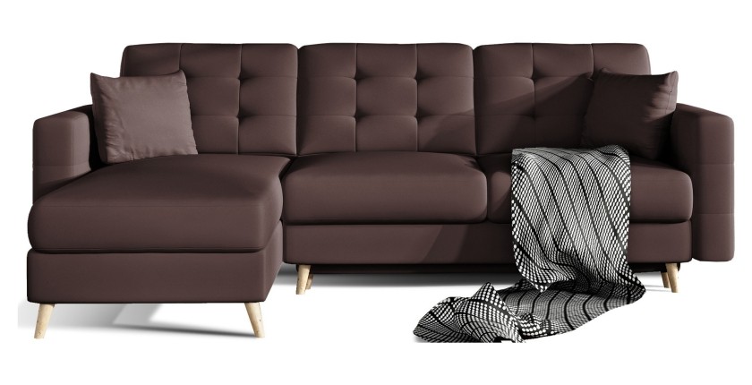 Canapé d’angle convertible HASGARD 3 places marron 248x162 cm – coffre et pieds bois