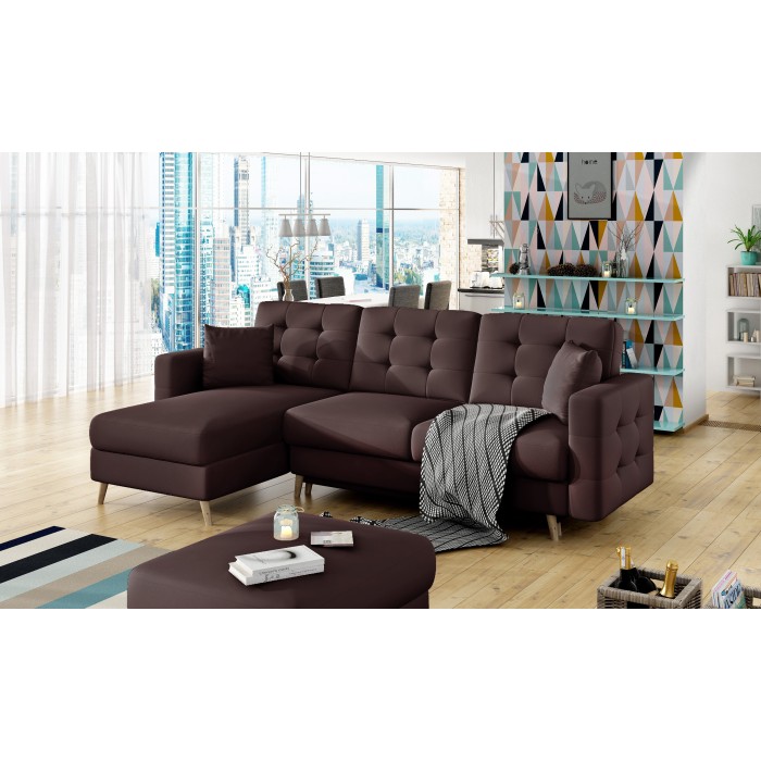 Canapé d’angle convertible HASGARD 3 places marron 248x162 cm – coffre et pieds bois