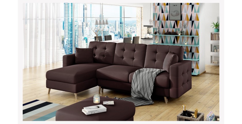 Canapé d’angle convertible HASGARD 3 places marron 248x162 cm – coffre et pieds bois