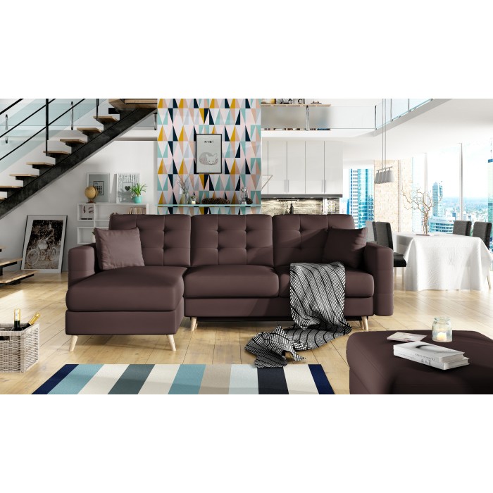 Canapé d’angle convertible HASGARD 3 places marron 248x162 cm – coffre et pieds bois