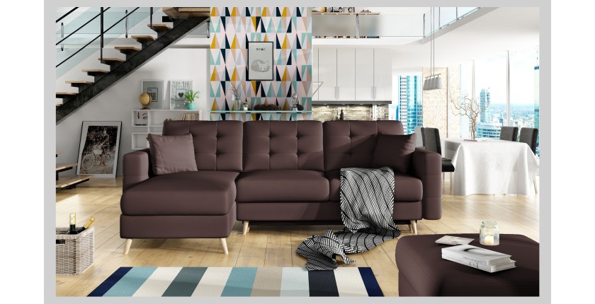 Canapé d’angle convertible HASGARD 3 places marron 248x162 cm – coffre et pieds bois
