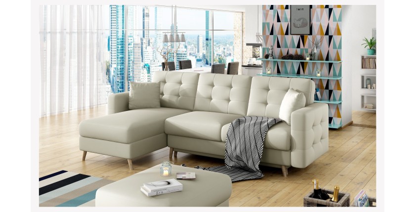 Canapé d’angle convertible HASGARD 3 places beige 248x162 cm – coffre et pieds bois