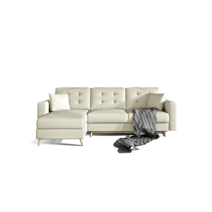 Canapé d’angle convertible HASGARD 3 places beige 248x162 cm – coffre et pieds bois