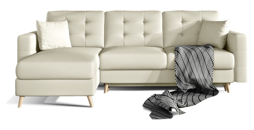 Canapé d’angle convertible HASGARD 3 places beige 248x162 cm – coffre et pieds bois