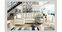 Canapé d’angle convertible HASGARD 3 places beige 248x162 cm – coffre et pieds bois