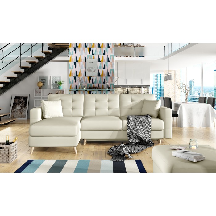 Canapé d’angle convertible HASGARD 3 places beige 248x162 cm – coffre et pieds bois